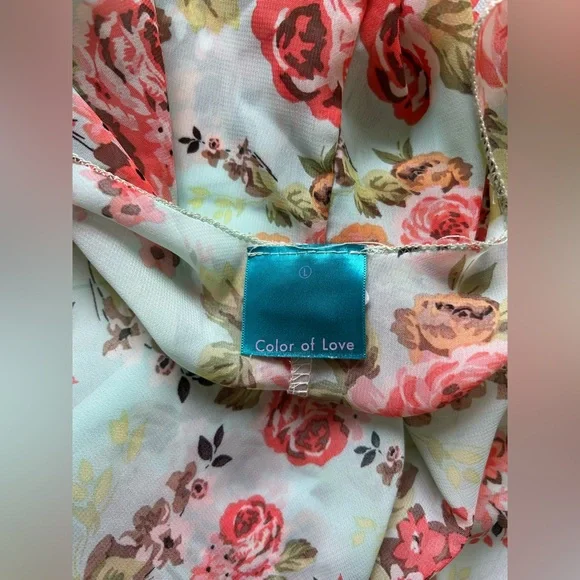 Lightweight Floral Open-Front Kimono in Mint with Pink Roses - Picture 4 of 4
